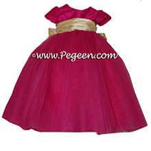 BOING (FUSCHIA) AND PURE GOLD TULLE flower girl dresses in silk style 402 by Pegeen