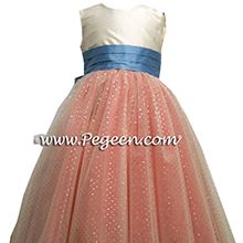 coral and silver metallic 10 layers of tulle flower girl dresses by pegeen