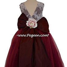 Flower Girl Dress in Ruby Red Silk and Glitter Tulle with aloncon lace