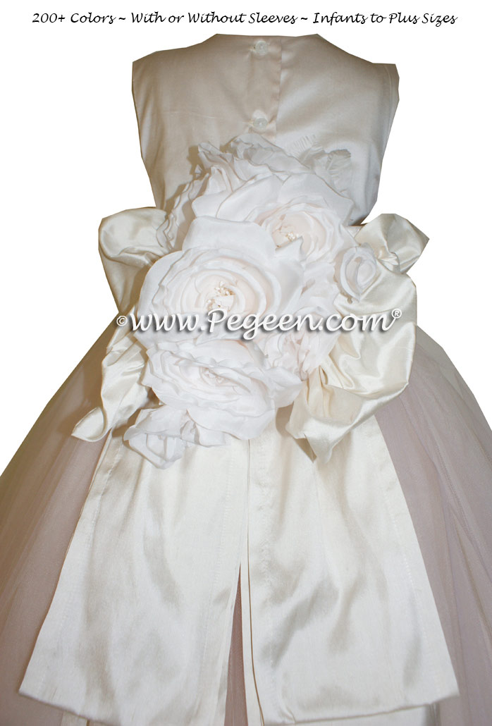 Shell Pink and White Tulle  metallic ballerina style FLOWER GIRL DRESSES with layers and layers of tulle
