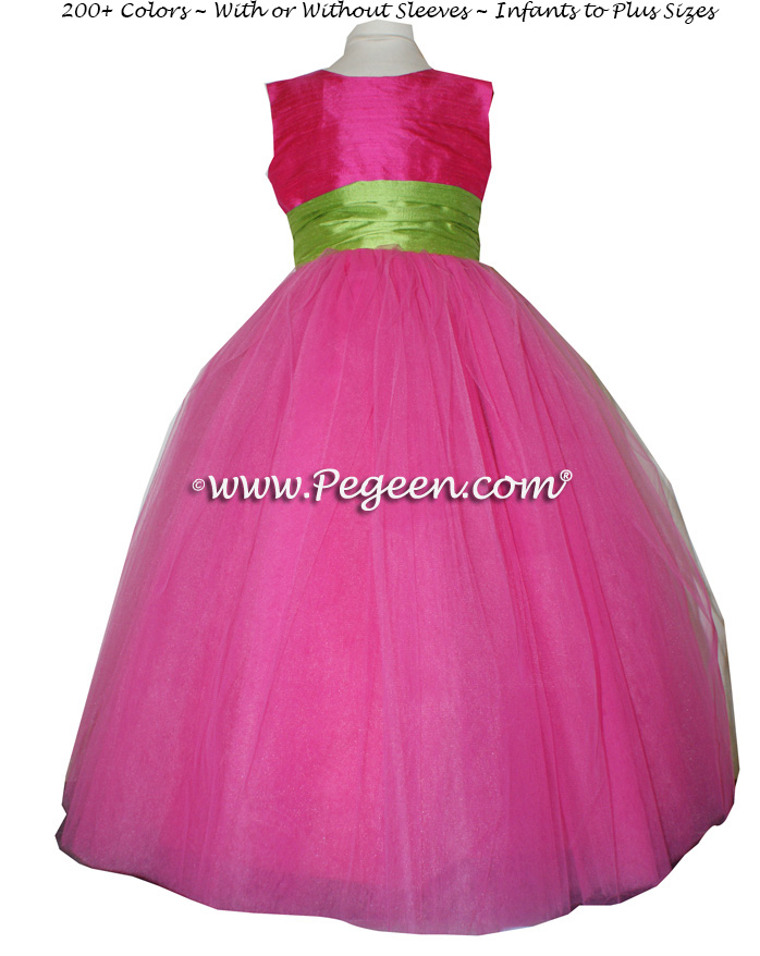 Shock (Hot Pink) and Apple Green ballerina style FLOWER GIRL DRESSES with layers and layers of tulle