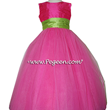 Shock (Hot Pink) and Apple Green ballerina style Flower Girl Dresses with layers and layers of tulle from Pegeen Couture