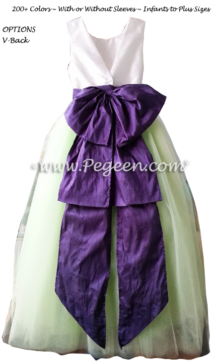 Flower Girl Dresses with Tulle in Sprite Green and Royal Purple Silk | Pegeen