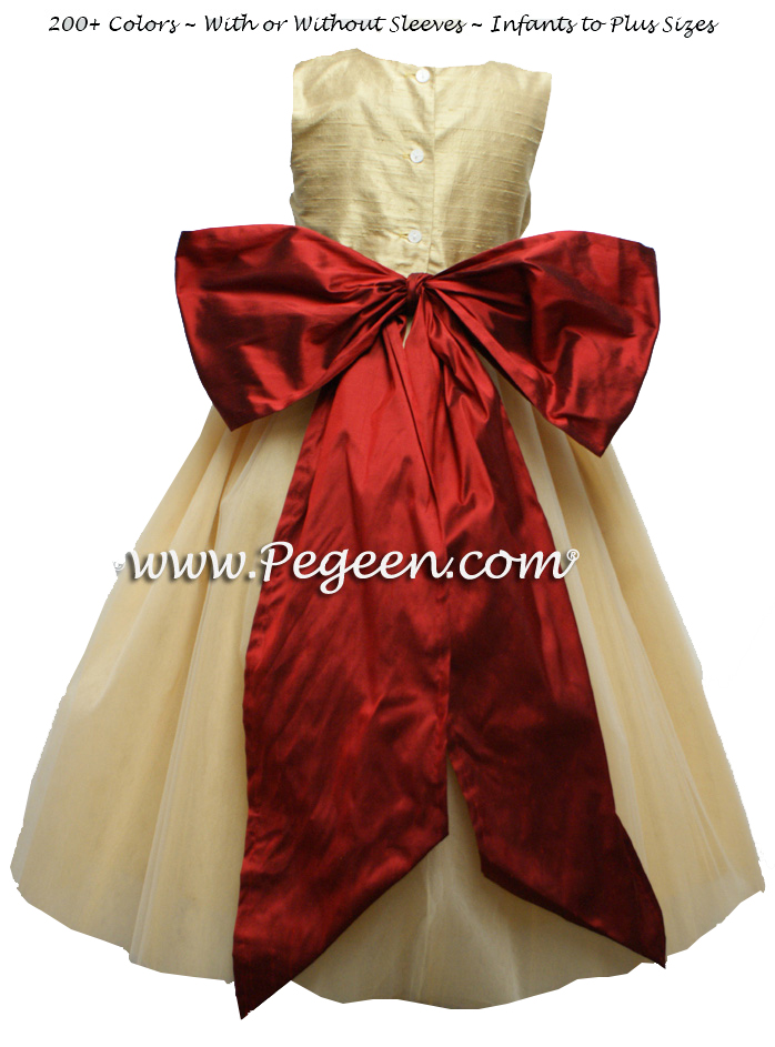 Flower Girl Dress in Claret Red and Spun Gold Couture Style 402 Holiday | Pegeen