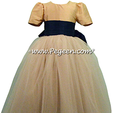 Navy Blue and Spun Gold ballerina style FLOWER GIRL DRESSES with tulle