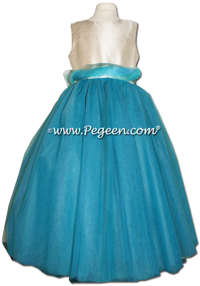 Bermuda and Summer Tan White BLUE ballerina style FLOWER GIRL DRESSES with layers and layers of tulle