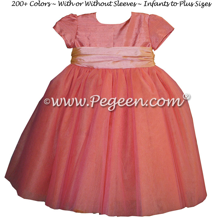 Pegeen's Sunset and Coral Rose and orange shades of silk and Tulle Degas Style FLOWER GIRL DRESSES with 10 layers of tulle