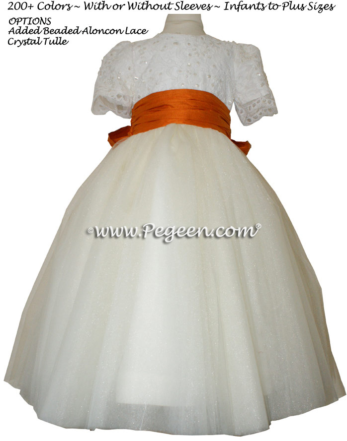 Tangerine Orange and New Ivory ALONCON LACE CUSTOM FLOWER GIRL DRESSES WITH TULLE