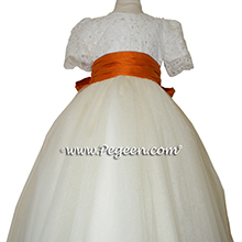 Tangerine (Orange)and New Ivory tulle couture flower girl dress