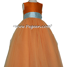 Tangerine and Spa Blue Tulle Flower Girl Dresses from Pegeen Couture Style 402