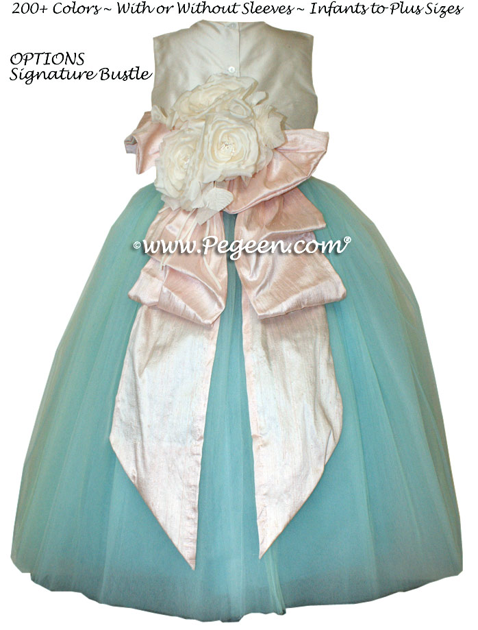 tiffany blue and blush pink ballerina style FLOWER GIRL DRESSES with layers and layers of tulle