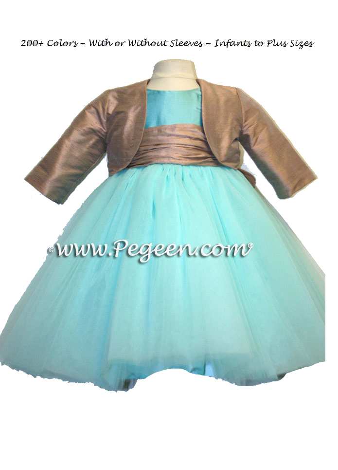 tiffany blue and light brown ballerina style flower girl dresses with layers and layers of tulle