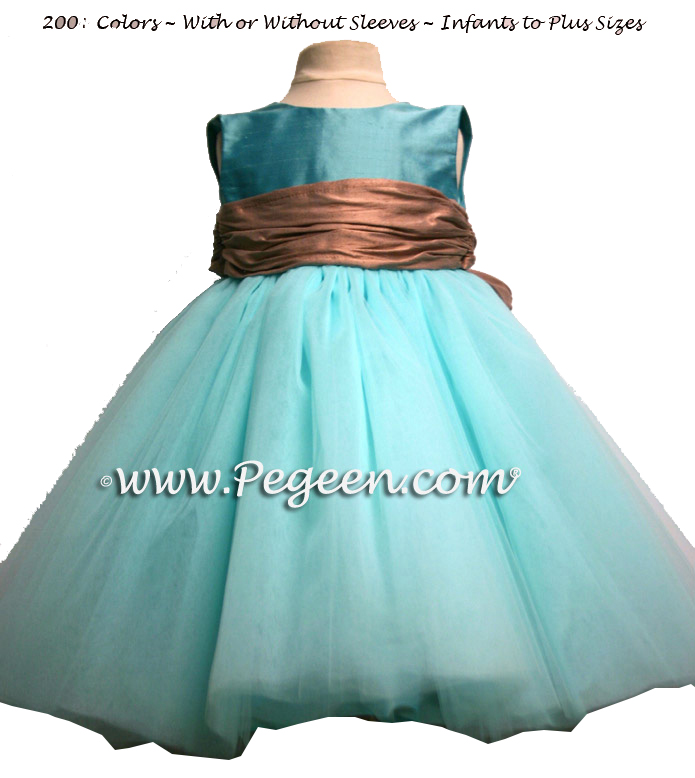 tiffany blue and light brown ballerina style FLOWER GIRL DRESSES with layers and layers of tulle
