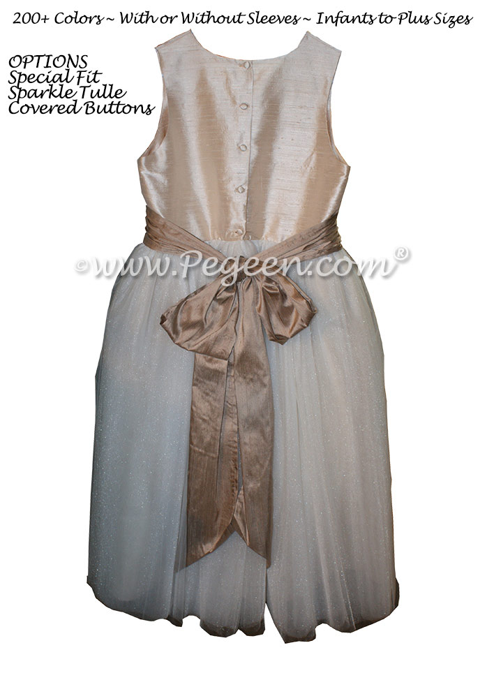 Ivory and Antigua Taupe and White Tulle  metallic ballerina style FLOWER GIRL DRESSES with layers and layers of tulle