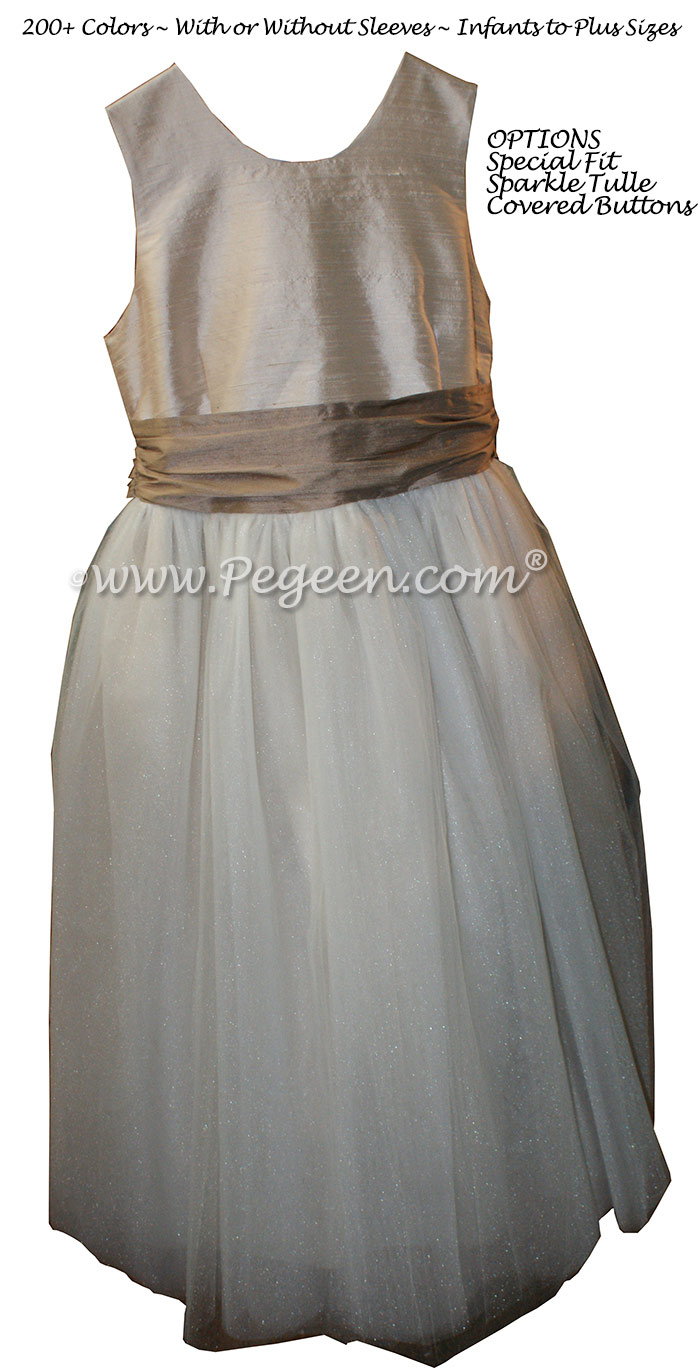 Ivory and Antigua Taupe and White Tulle  metallic ballerina style FLOWER GIRL DRESSES with layers and layers of tulle