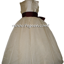 Toffee (creme) Silk and Burgundy ballerina style Flower Girl Dresses with layers of tulle