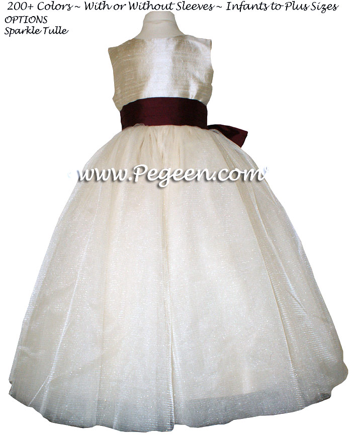 Toffee (creme) Silk and Burgundy  metallic ballerina style FLOWER GIRL DRESSES with layers and layers of tulle