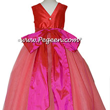 Tomato Red and Sorbet Pink ballerina style Flower Girl Dresses with layers of tulle
