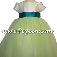 Summer green tulle and tropic silk sash with cap sleeves flower girl dresses