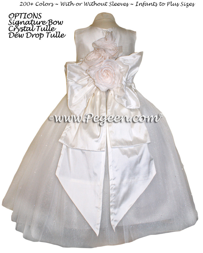 Antique White Dew Drop and Crystal tulle ballerina style flower girl dresses with Signature Bustle