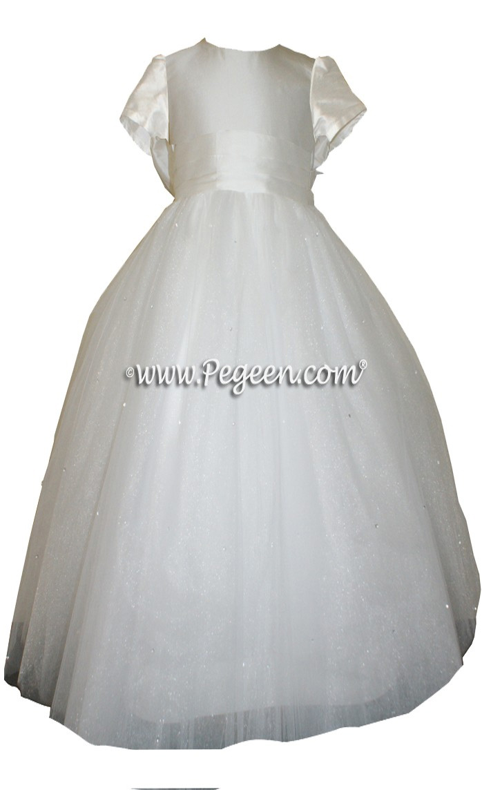 Dew Drop White Tulle  metallic ballerina style FLOWER GIRL DRESSES with layers and layers of tulle