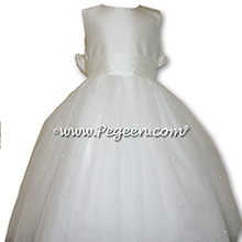 Antique White Dew Drop and Crystal tulle ballerina style flower girl dresses with Signature Bustle