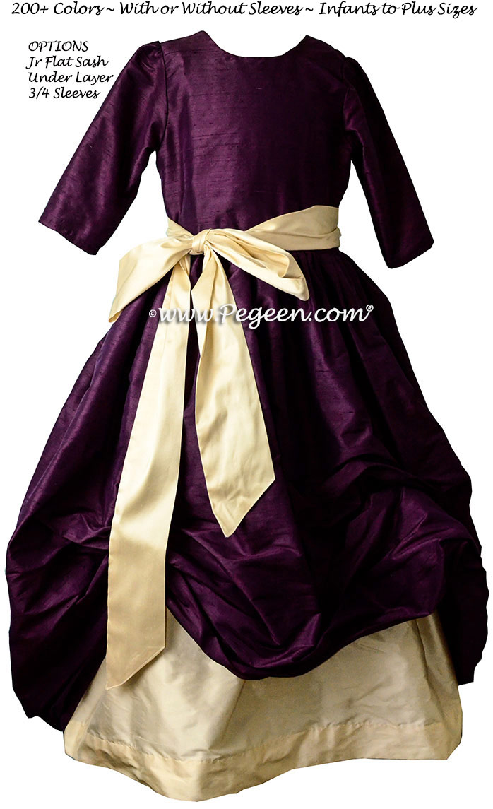 1000 Nights (deep plum) and Buttercream (yellow) Bubble flower girl dresses