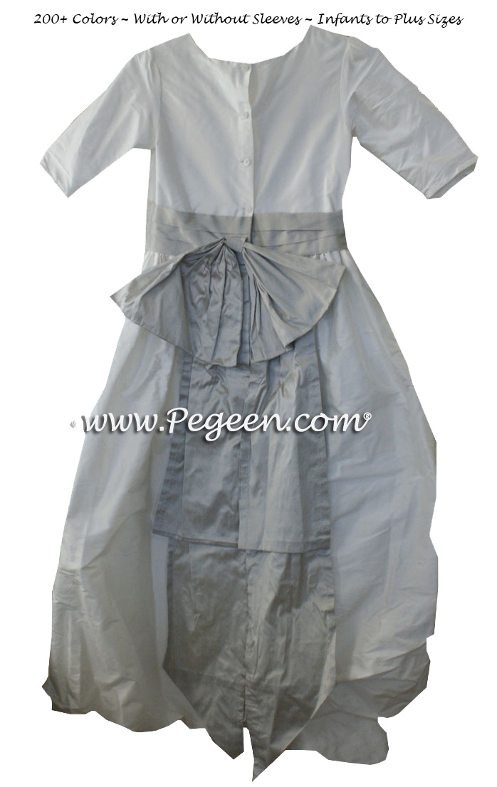 Platinum and New Ivory Silk Puddle flower girl dresses Style 403