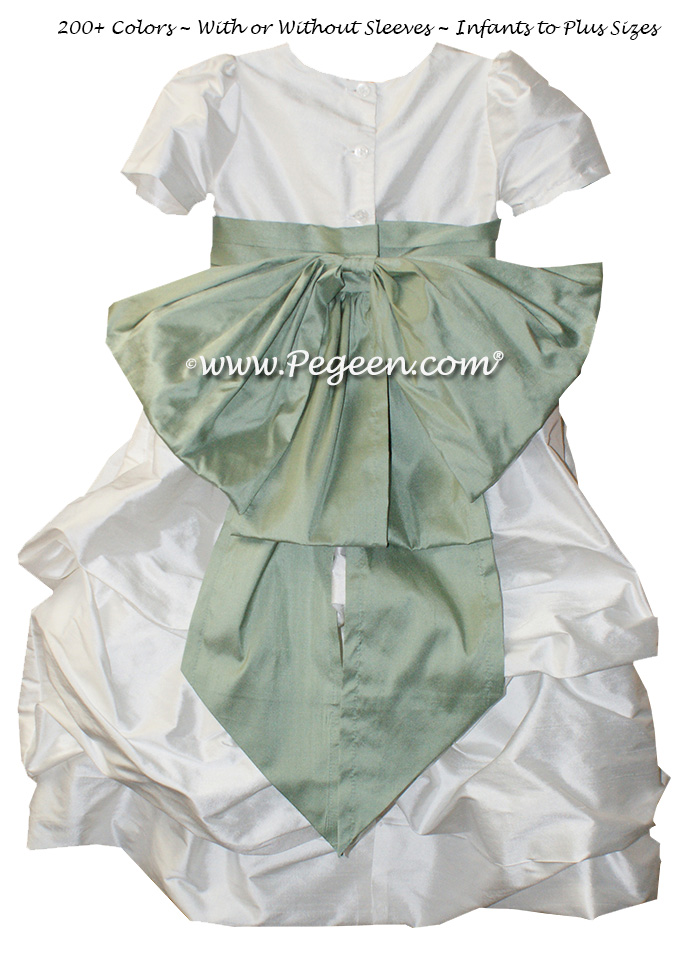 Antique White and Celedon Green flower girl dresses in silk Puddle flower girl dresses Style 403