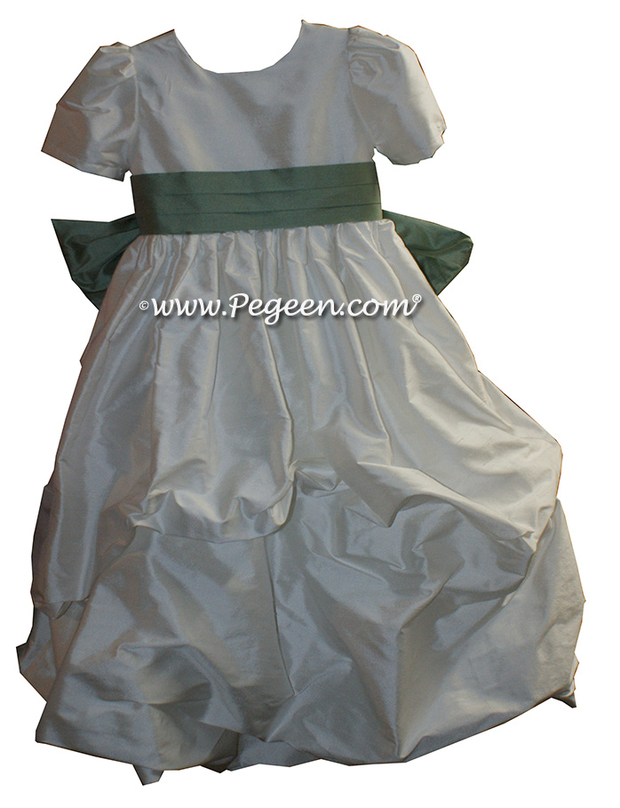Celedon Green flower girl dresses in silk Puddle flower girl dresses Style 403