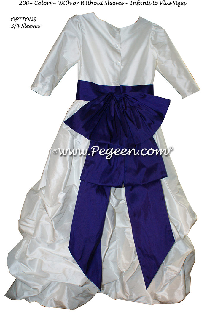 Antique White and Deep Plum flower girl dresses in silk Puddle flower girl dresses Style 403