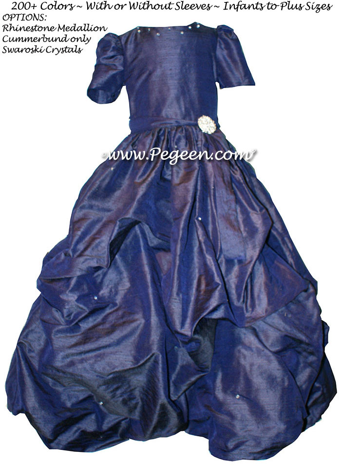 Navy Blue Silk Puddle flower girl dresses Style 403