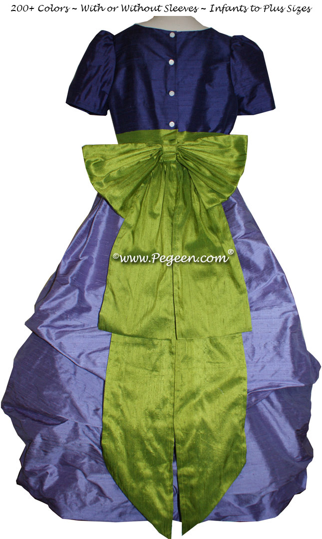 Periwinkle, grape and grass green flower girl dresses Style 403