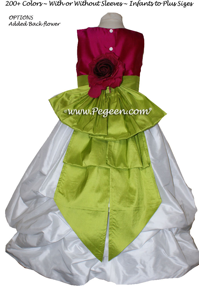 RASPBERRY, ANTIQUE WHITE AND GRASS GREEN FLOWER GIRL DRESS Style 403