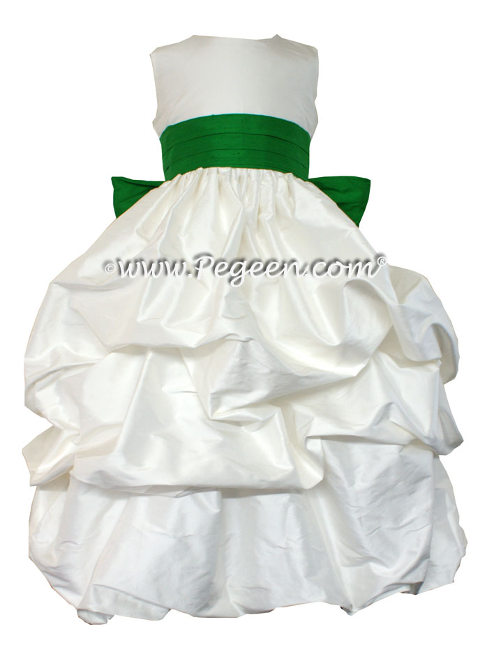 ANTIQUE WHITE AND SHAMROCK GREEN FLOWER GIRL PUDDLE DRESS Style 403