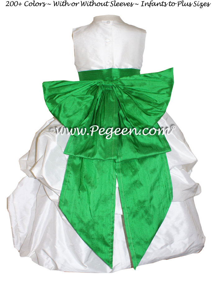 ANTIQUE WHITE AND SHAMROCK GREEN FLOWER GIRL PUDDLE DRESS Style 403