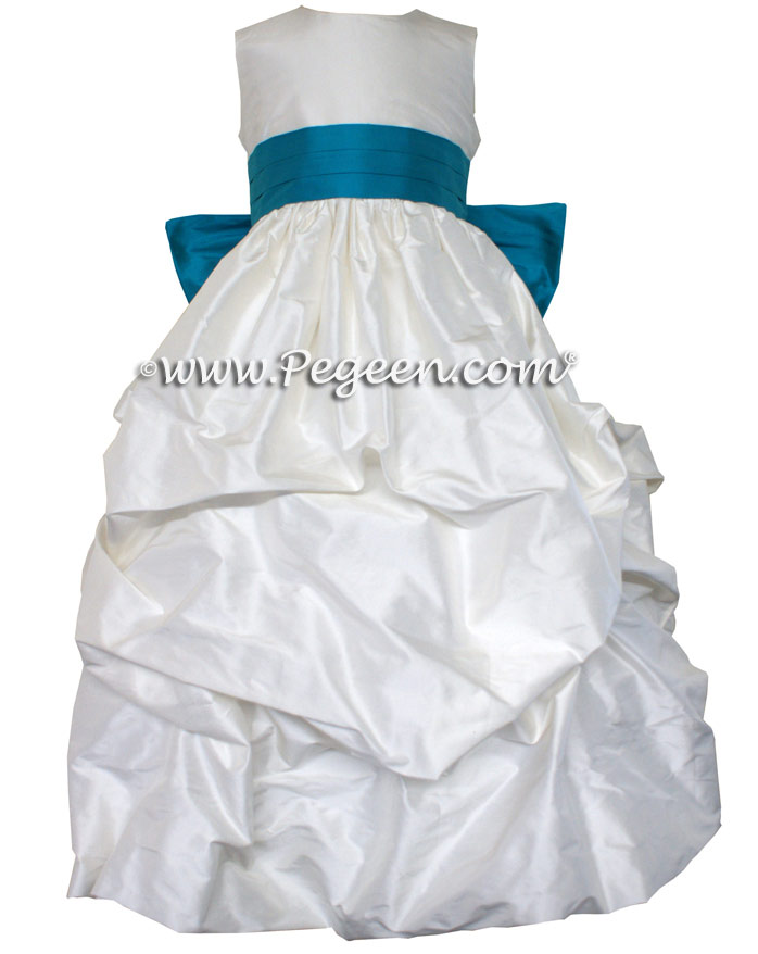 TURQUOISE AND ANTIQUE WHITE FLOWER GIRL PUDDLE DRESS Style 403