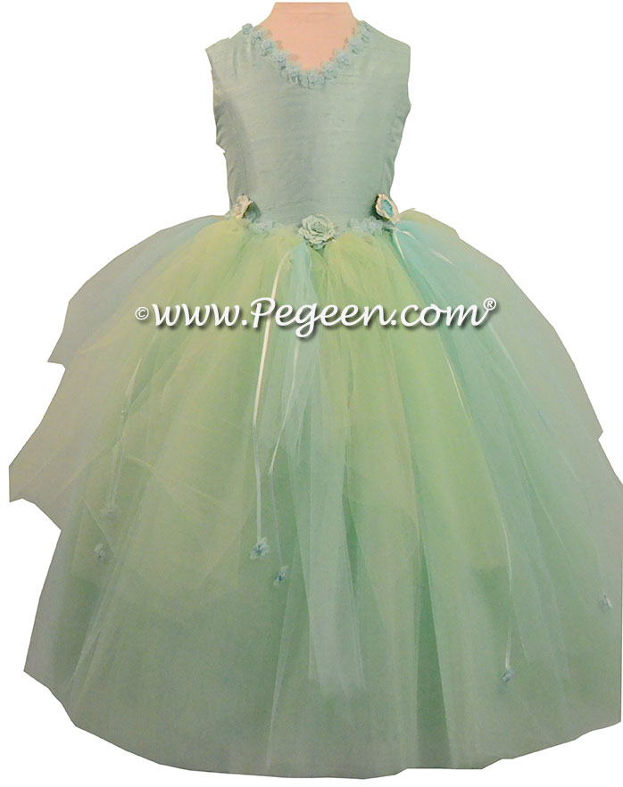 Aqualine, Mint Tulle and Silk flower girl dress fro Pegeen Couture - Style 406