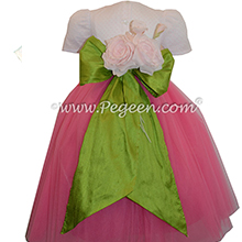 Shock Pink and Grass Green ballerina style FLOWER GIRL DRESSES with layers and layers of tulle