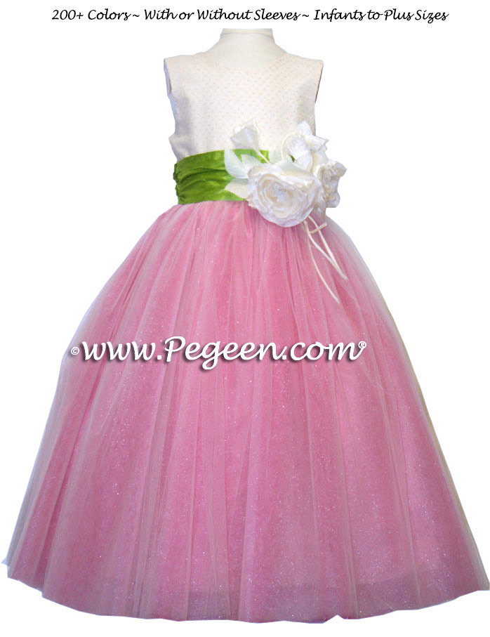 Ballerina style flower girl dress with apple green sash and pink layers of tulle
