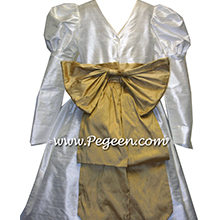 NEW IVORY AND SPUN GOLD SILK Flower Girl Dresses with long sleeves