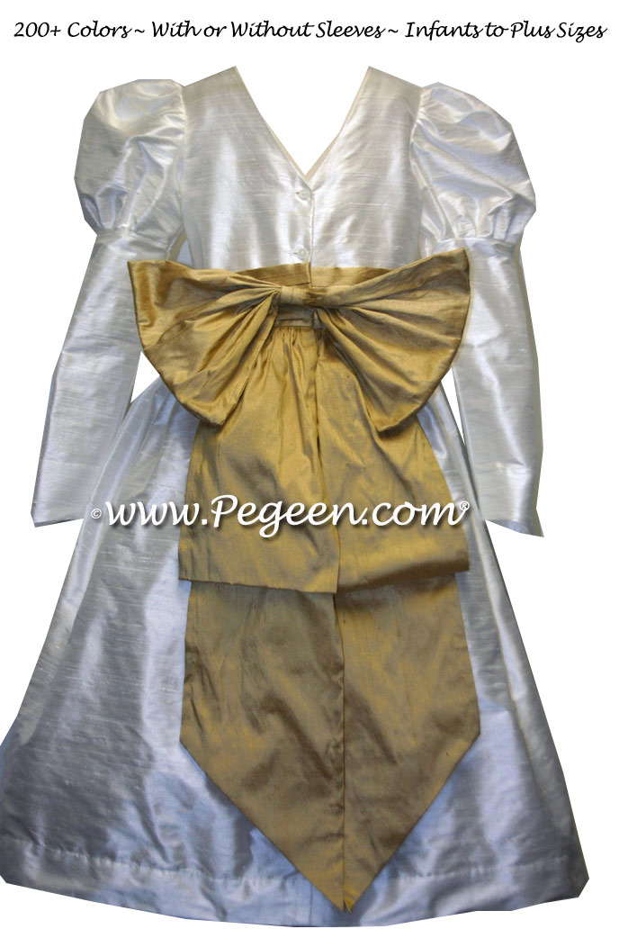 Ivory and Spun Gold Silk flower girl dresses Style 345 with color sash by Pegeen.com