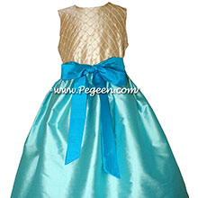 Bahama Breeze and Deep Sea and Tawny Gold flower girl dress Style 409