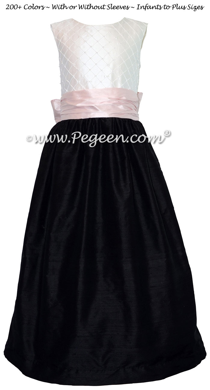 Black and Petal Pink and White Pin Tuck Bodice custom flower girl dress Style 409