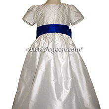 Indigo blue and white silk pintuck trellis flower girl dress