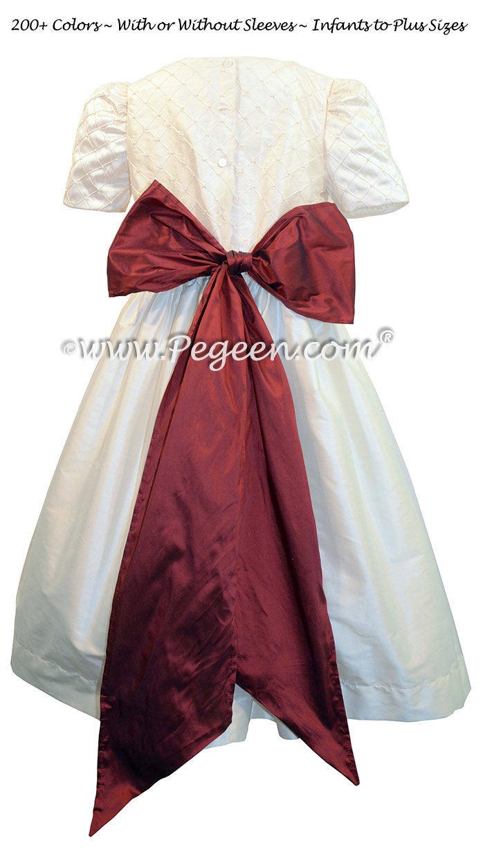 Antique White and Ruby Silk Flower Girl Dress Style 409
