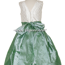 GREEN-BLUE AND Antique White CUSTOM Flower Girl Dresses with pin tucks and pearls silk bodice
