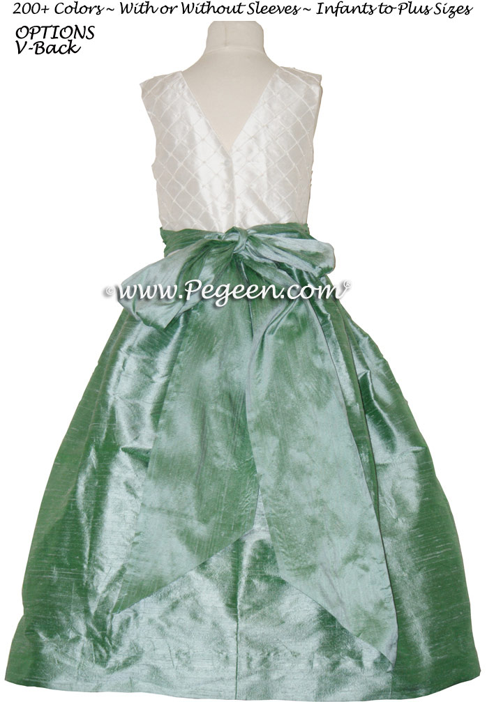 GREEN-BLUE AND ANTIQUE WHITE CUSTOM FLOWER GIRL DRESSES with pin tuck silk bodice