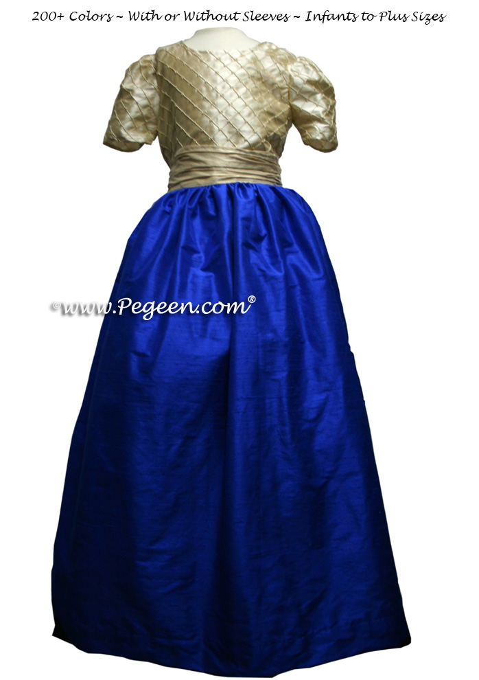 TAWNY GOLD and INDIGO BLUE silk FLOWER GIRL DRESSES 