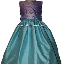 Pintuck and pearl silk custom flower girl dresses in lavender and Bahama breeze aqua